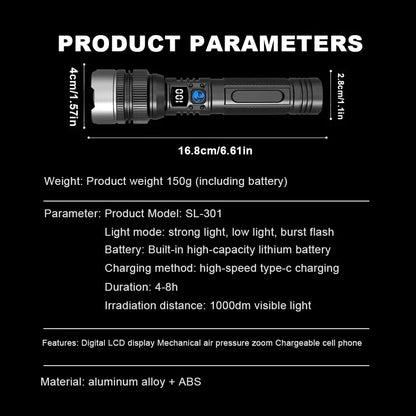 900000LM Powerful LED Flashlight Type-c Rechargeable Zoom Torch with Digital Display Handheld Flashlights for Camping Hiking