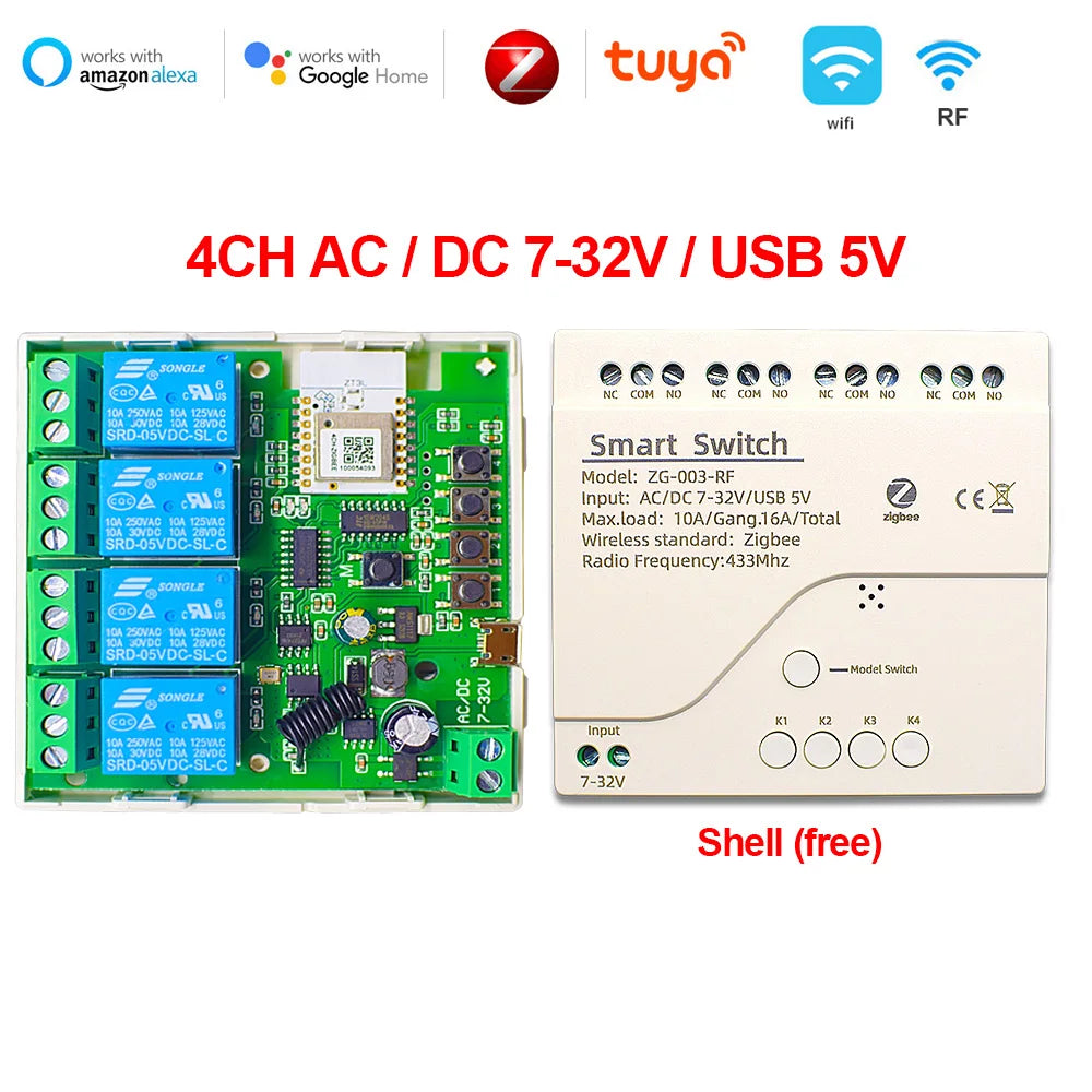 Tuya Zigbee Relay 4CH Smart Home Switch Module APP Remote Control Wireless Radio RF 433 4 Channel Relay for Zigbee Gateway Hub
