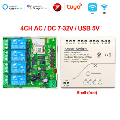 Tuya Zigbee Relay 4CH Smart Home Switch Module APP Remote Control Wireless Radio RF 433 4 Channel Relay for Zigbee Gateway Hub