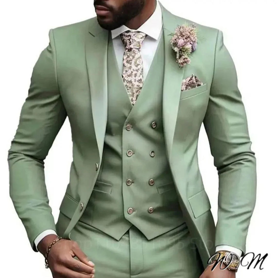 High Quality Green Business Men Suits Slim Fit Male Clothing Elegant Wedding 3 Piece Two Buttons Jacket Vest Pants Party Sets