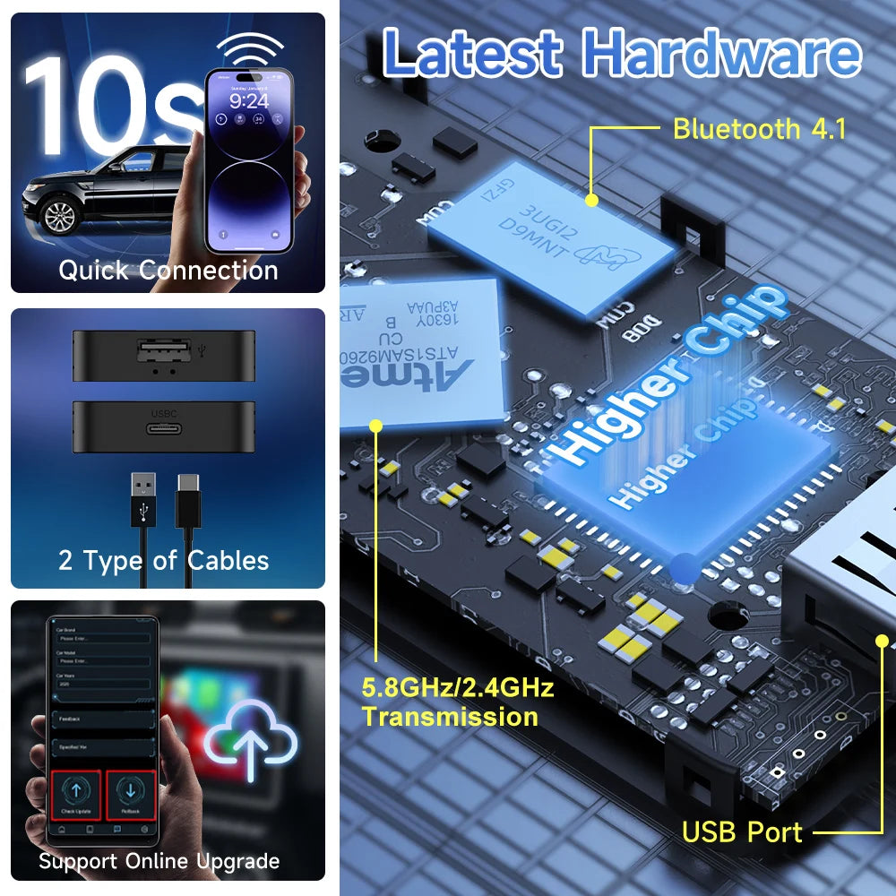 CarlinKit 5.0 & 4.0 Wireless Android Auto Wireless CarPlay Adapter Online Upgrade Plug And Play 2.4G&5Ghz Connect CarPlay Ai Box