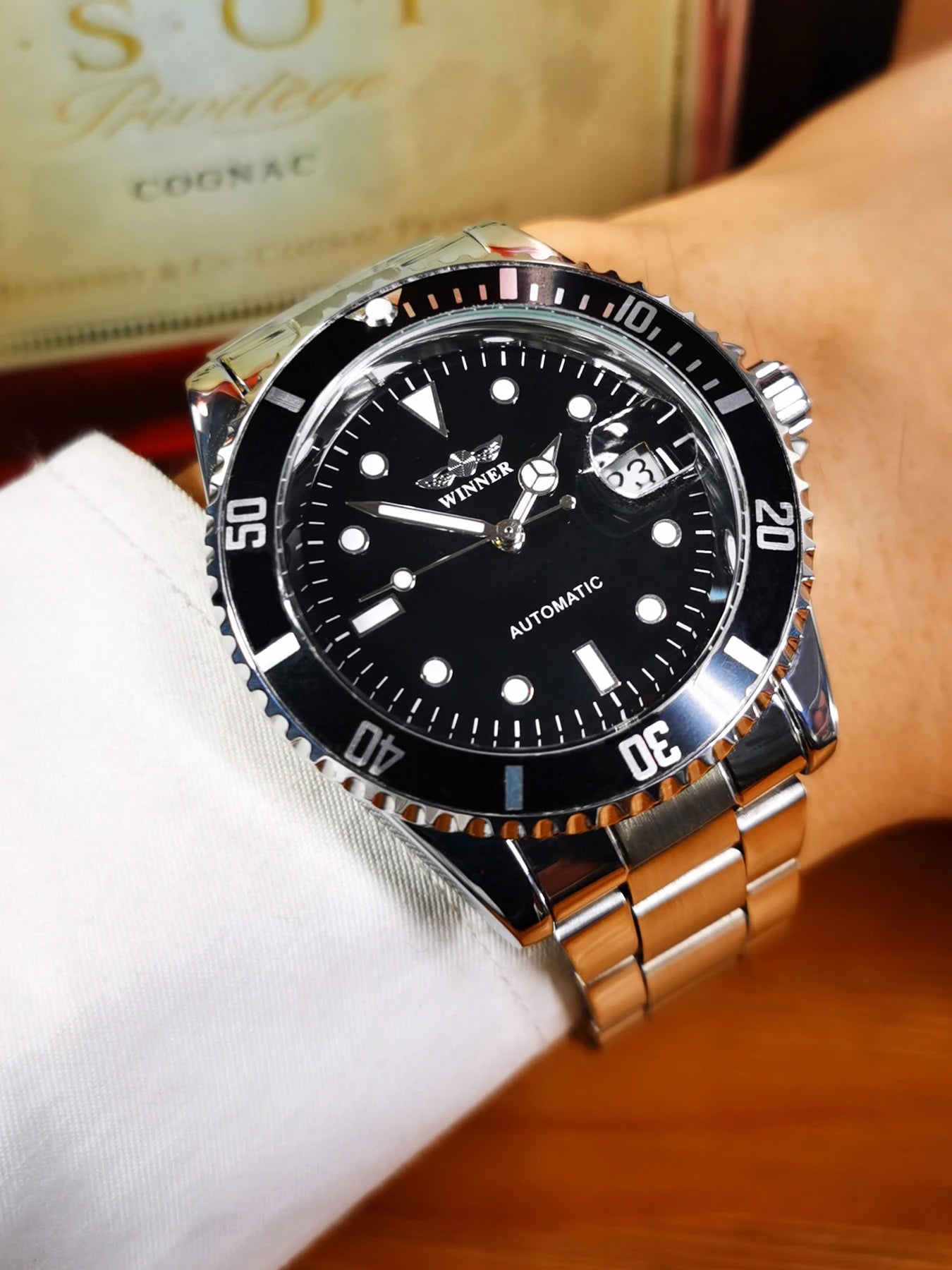 WINNER Classic Mechanical Watches Luxury Brand Business Automatic Watch for Men Rotatable Bezel Luminous Dial Steel Strap Clock
