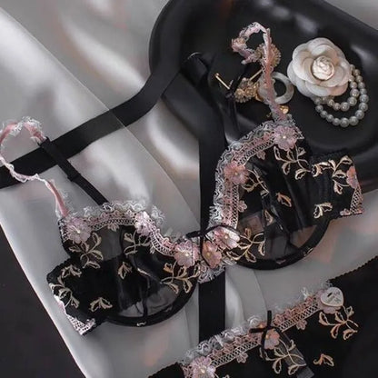 French Embroidered Lace Sheer Bra Set Women, Thin No Sponge Cups, Anti-Slip Support, Large Breasts Small Soft Comfort Wear S-xl