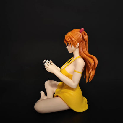 11cm Gaming Ver Figure EVA Kawaii Girl Yellow Dress Sitting Pose Anime Action Figurine Collectible Model Doll Birthday Gift