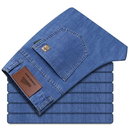 New Thin Denim Jeans Men Straight Leg Stretch Cotton Pants Business Casual Lightweight Denim Trousers Spring Summer Slim Pants