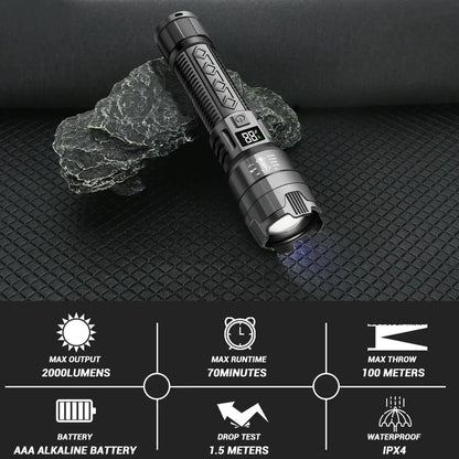 10000LM High Power LED Flashlight Long-range USB C Rechargeable Flashlight Power Display Zoom Lantern For Outdoor Camping Torch
