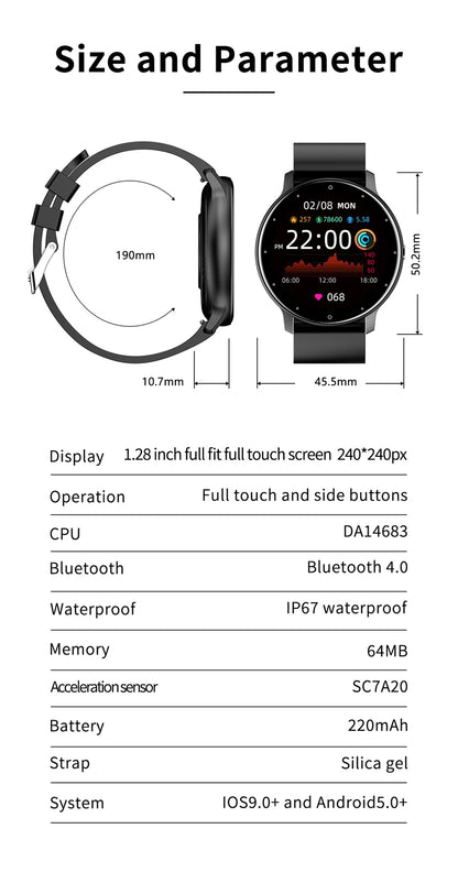 Smartwatch LIGE męski damski z pełnym ekranem dotykowym Sportowy zegarek fitness męski IP67 Wodoodporny Bluetooth dla Androida iOS Smartwatch Mężczyźni