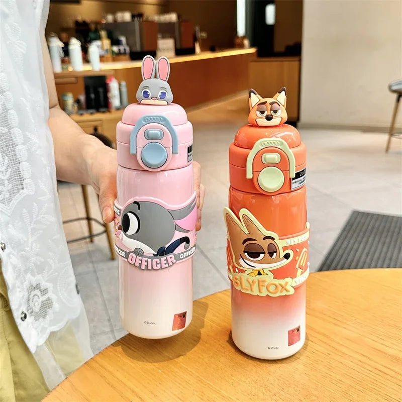 X&W  Zootopia Judy Nick Stainless Steel Insulated Cup Double Drinking Straw Cup Warm and Cold Proof Outdoor Sports Water Bottle