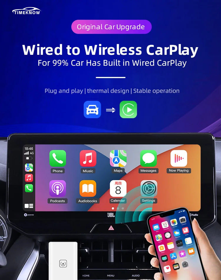 TIMEKNOW Wireless CarPlay Adapter for Apple iPhone Wired to Wireless Carplay Dongle Plug And Play USB Connection Auto Car Dongle