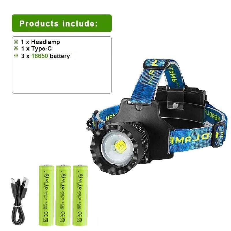 2000W Most Powerful LED Headlamp Super Bright Waterproof Head Flashlight Long Range 6000M Tactical Head Torch Fishing Headlight