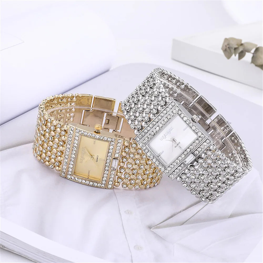 Luxury Simple Square Diamond Encrusted Women's Quartz Watch Gold Skeleton Fashion Women's Clock Gift Dress Wristwatch