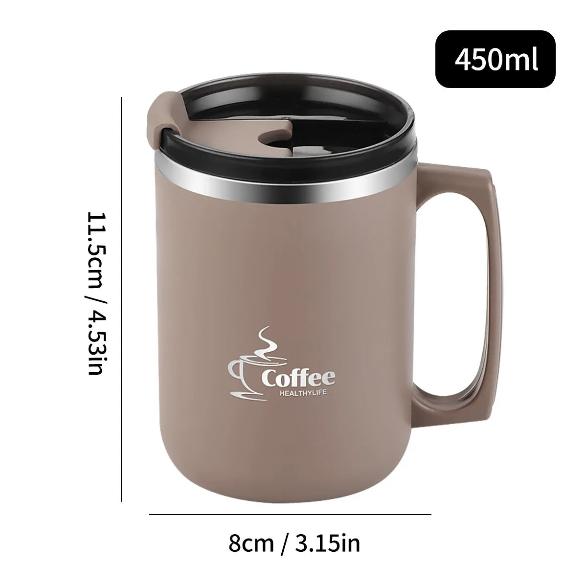 450ML Thermos Mug 304 Stainless Steel Double Wall Insulated Milk Coffee Cup With Handle & Lid Leak-proof Drinking Cup Drinkware