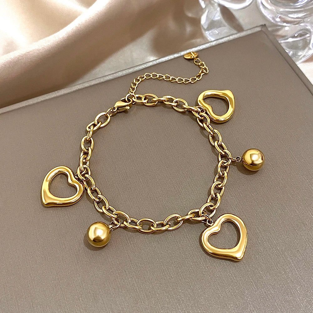 Fashion Gold Plated Stainless Steel Chain Bracelet for Women Cute Star Heart Cherry Tassel Charms Bracelets Waterproof Jewelry