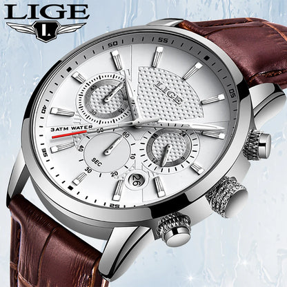 LIGE Watches Men 2024 Top Brand Luxury Casual Leather Quartz Men Watch Man Business Clock Male Sport Waterproof Date Chronograph