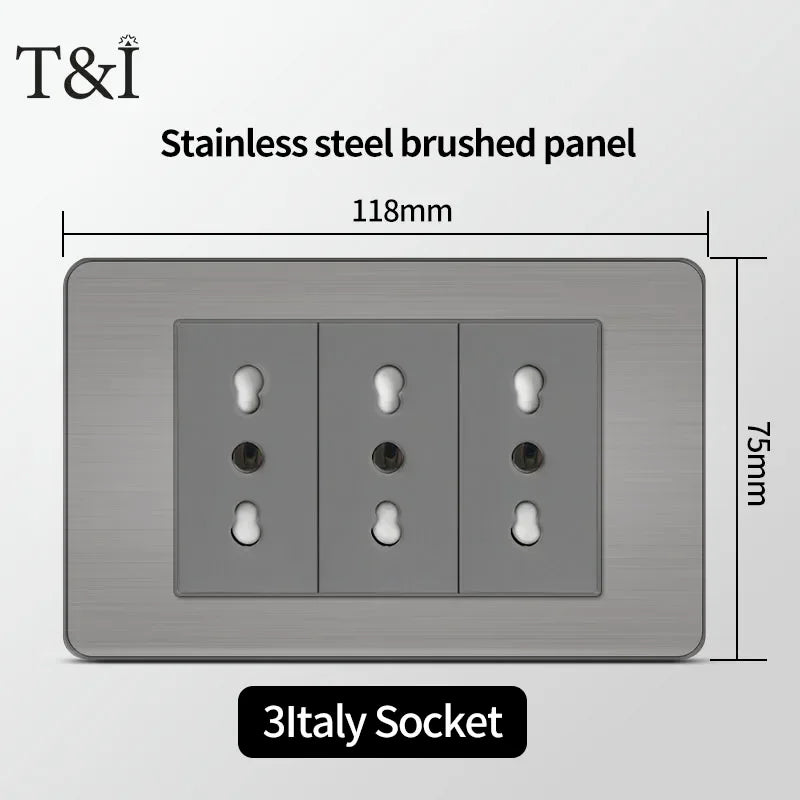 118 US Mexico Grey Stainless Steel Brushed 2way Electrical Light Switch Home Wall Socket Plug Double USB Type-C Power Outlet