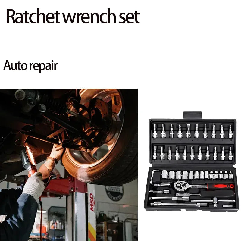 46pcs Family Tools 1/4 Inch Drive Socket Ratchet Wrench Set Complete Car Repair Kit for Motorcycle and Bicycle Maintenance Tools