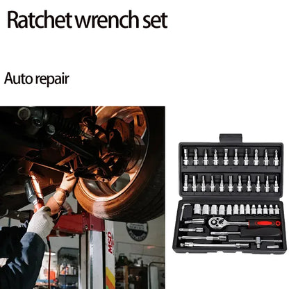46pcs Family Tools 1/4 Inch Drive Socket Ratchet Wrench Set Complete Car Repair Kit for Motorcycle and Bicycle Maintenance Tools