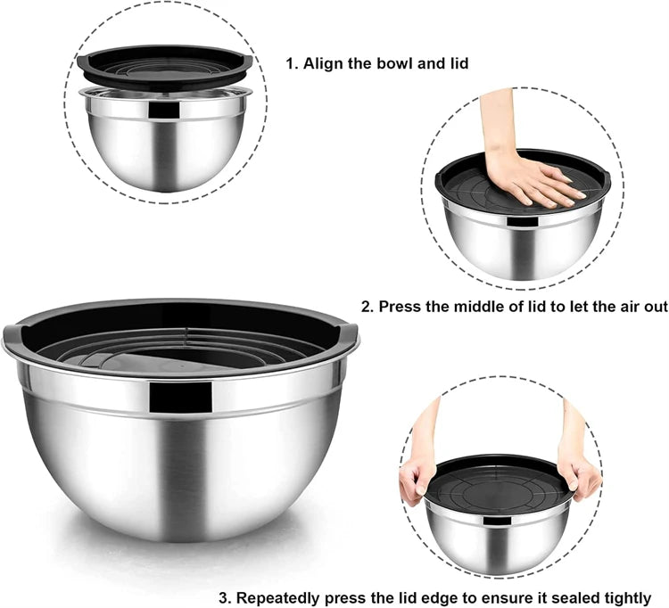 LMETJMA 6 Pcs Stainless Steel Mixing Bowls with Black Lids Kitchen Nesting Salad Mixing Bowl With Non-slip Silicone Bottom JT327