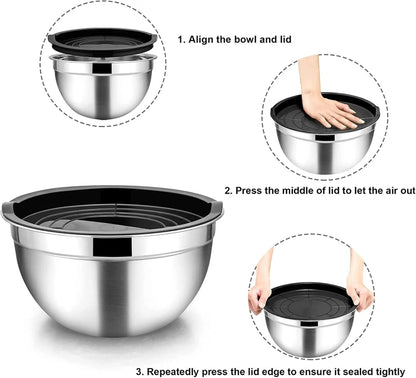 LMETJMA 6 Pcs Stainless Steel Mixing Bowls with Black Lids Kitchen Nesting Salad Mixing Bowl With Non-slip Silicone Bottom JT327