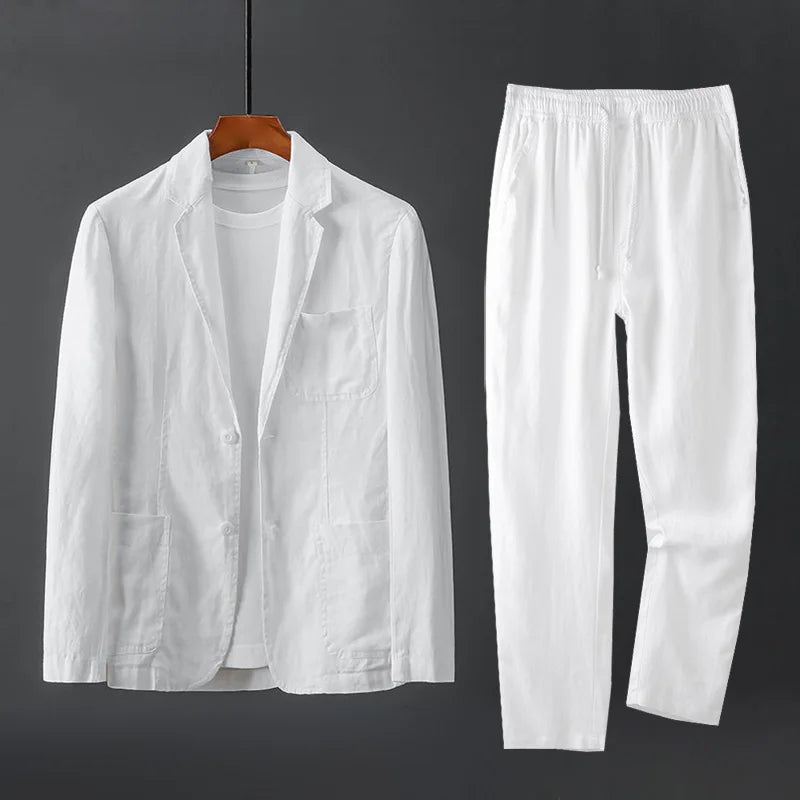 High Quality Men Blazer Jacket and Pants Man Linen Blazer  2 Piece Suit Spring Summer Thin Style Fashion Casual Set Long Sleeve
