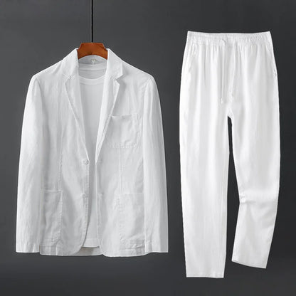 High Quality Men Blazer Jacket and Pants Man Linen Blazer  2 Piece Suit Spring Summer Thin Style Fashion Casual Set Long Sleeve