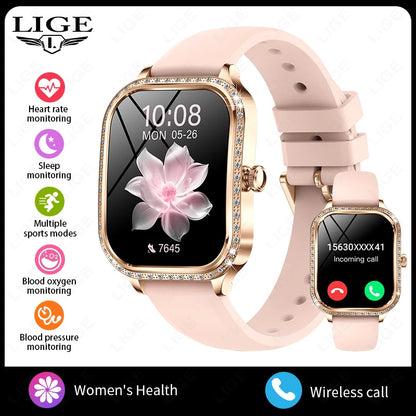 LIGE Fashion Design Women Smart Watch 1.75" Curved Screen Smartwatch Bluetooth Call Clock IP68 Waterproof Diamond Case Bracelet