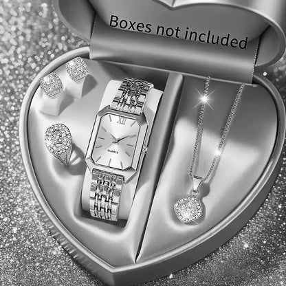 5PCS/Set Elegant Rectangle Women Watches Fashion Roma Dial Ladies Quartz Wristwatch Rhinestone Jewelry Set（Without Box）