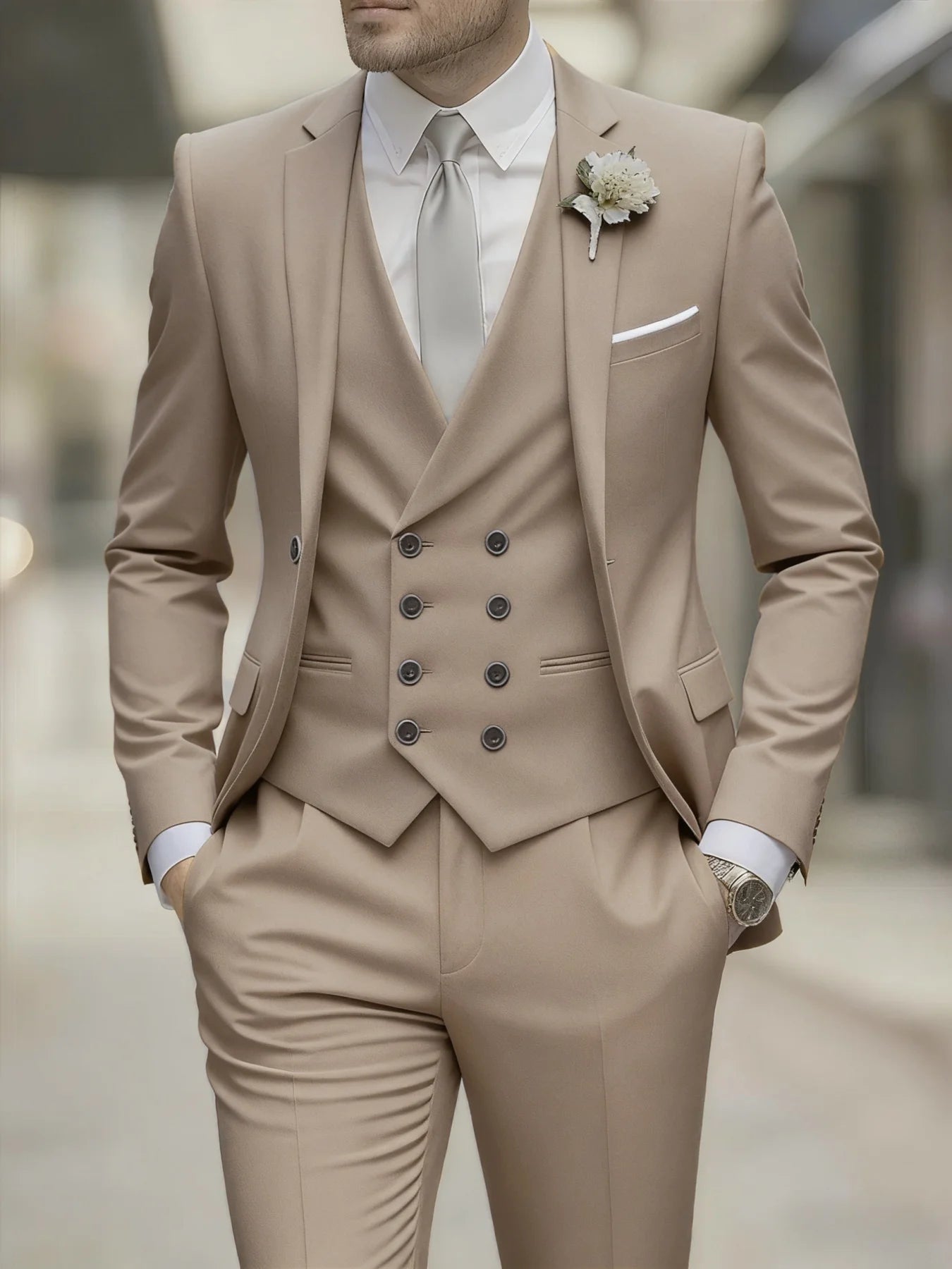 Men's Business Formal Suit 3-Piece Single Breasted Notch Lapel Solid Double Breasted Vest Elegant Office Party Wedding