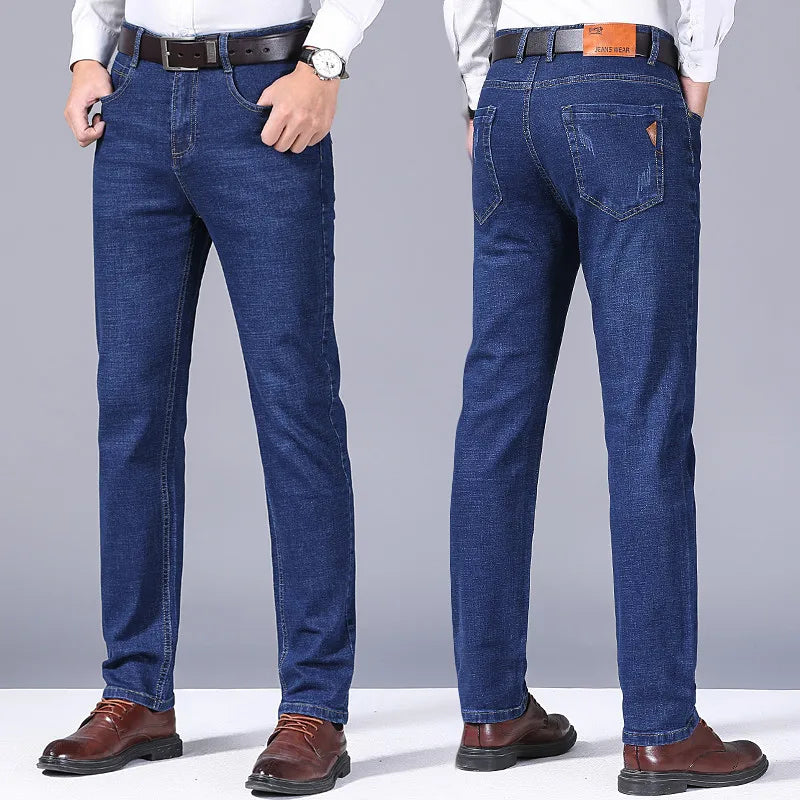 2024 Summer Thin Men's Elastic Cotton Jeans Fashion Gray Comfortable Business Straight Casual Pants High Quality Brand Trousers