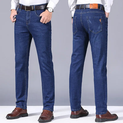 2024 Summer Thin Men's Elastic Cotton Jeans Fashion Gray Comfortable Business Straight Casual Pants High Quality Brand Trousers