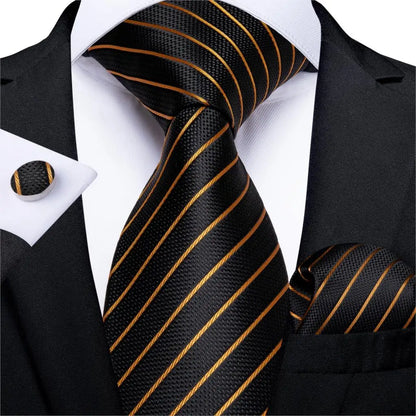 Fashion Men Tie Luxury Gold Black Dot Striped Paisley Silk Wedding Tie For Men DiBanGu Designer Hanky Cufflinks Gift Tie Set