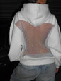 Harajuku Gothic Sexy Backless Hoodie Y2K Clothes Womens Rhinestone Sparkling Mesh Design Oversized Hoodie Pullover Tops