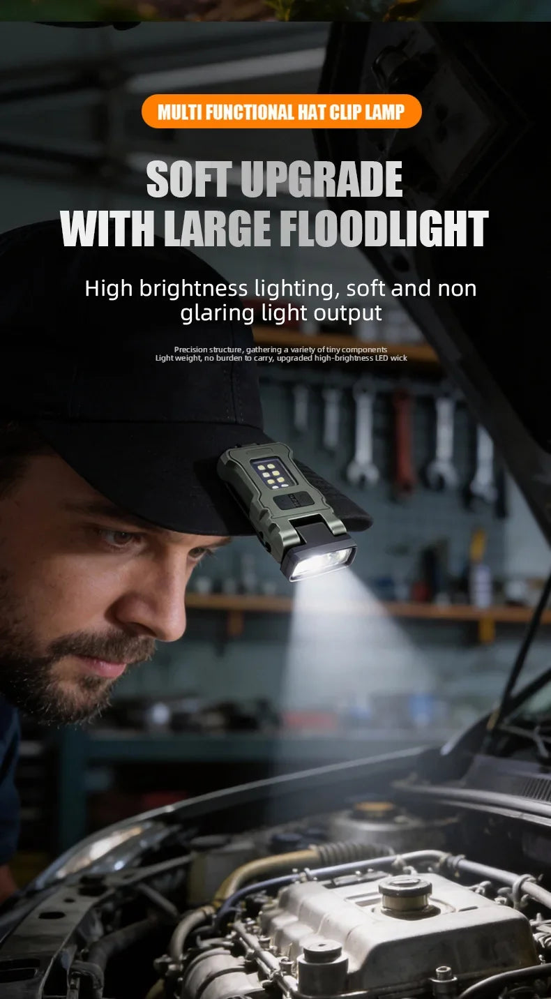 Portable LED Work Light Clip On Hat Light, Mini USB Rechargeable EDC Flashlight for Fishing Home Emergency Camping Headlamp