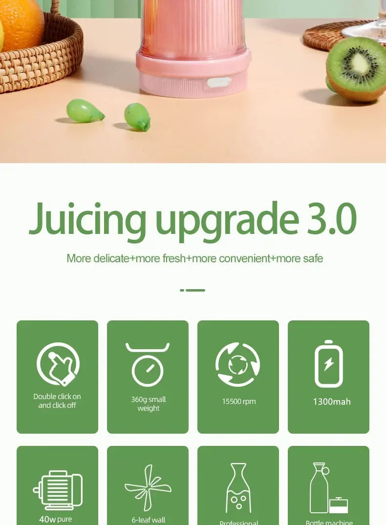 Portable Electric Juicer Cup with 6 Blades USB Mini Milkshake Blender Fresh Fruit Milk Mixing Tool for On-the-Go