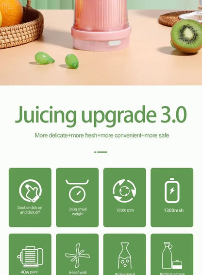 Portable Electric Juicer Cup with 6 Blades USB Mini Milkshake Blender Fresh Fruit Milk Mixing Tool for On-the-Go