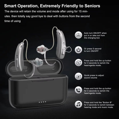 16 Channel Bluetooth Hearing Aids Rechargeable Digital BTE Hearing Aid for Seniors Adults with Noise Cancelling Feature