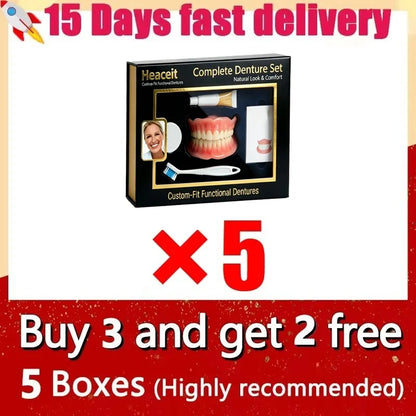 Flexible Moldable Silicone Denture Set, Upper Lower Natural Ivory False Teeth, Instant Smile with Free Toothbrush & Toothpaste