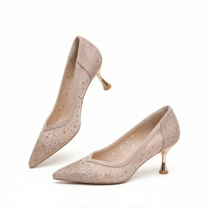 Women's Breathable Mesh Pointed-Toe High Heels, Rhinestone Elegant Slip-On Stiletto Pumps, Suitable for Parties, Weddings