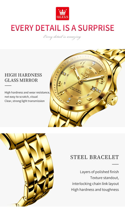 OLEVS 2910 Original Quartz Watches for Women Rhombus Steel Strap Waterproof Luminous Calendar Elegant Luxury Ladies Wristwatches