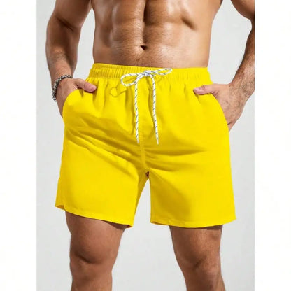 Palasendo Men's Plain Pocketed Drawstring Waist Beach Shorts, Suitable For Summer, Hawaiian, Men Dry Fit Orange Swim Trunks, Men Swim Trunk Matching, Men Beachwear, Plain Swim Trunks