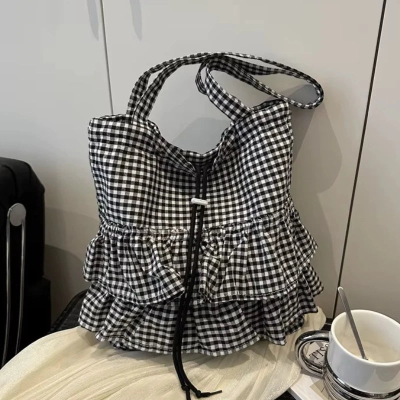 Cute Plaid Cotton Tote Bag Large Capaci Lace Trim Women's Summer 2026 Simple Lady Handbag Soft Shoulder Bags Bolsa Feminina