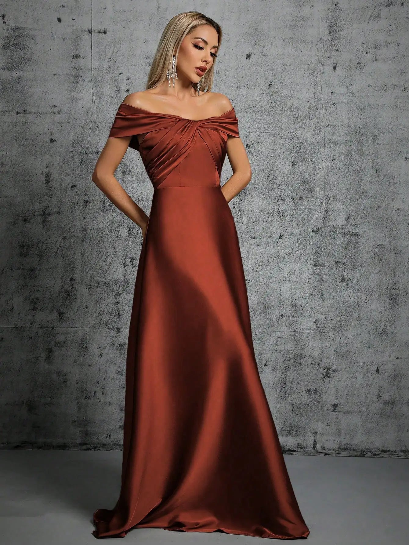 Mgiacy Line neck irregular cross pleated satin gown ball dress Party dress bridesmaid dress