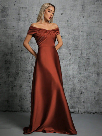 Mgiacy Line neck irregular cross pleated satin gown ball dress Party dress bridesmaid dress