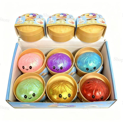 Colorful Dumpling Squishes Stress Balls Fidget Sensory Toys Simulation Food Squishies Bun with Steamer Squeeze Dough Ball Gifts