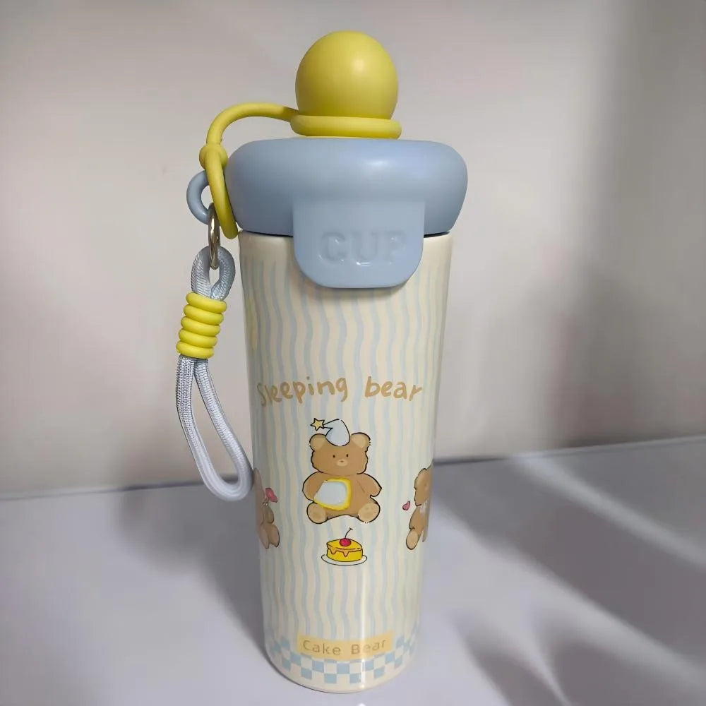 Cute Cat Thermal Water Bottle With Straw Bow Sticker Stainless Steel Thermos For Hot Cold Water Coffee Tea Thermal Cup 600ml