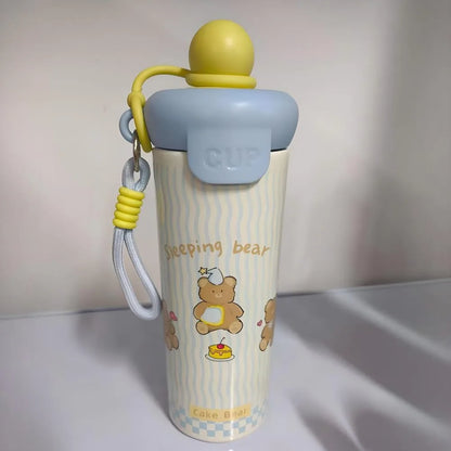 Cute Cat Thermal Water Bottle With Straw Bow Sticker Stainless Steel Thermos For Hot Cold Water Coffee Tea Thermal Cup 600ml