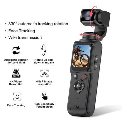 4K Vlog Action Camera 330° Face Tracking 18x Zoom 2400mAh Battery Gimbal Stabilizer 1.72 Inch Touch Screen WiFi Sports Cam