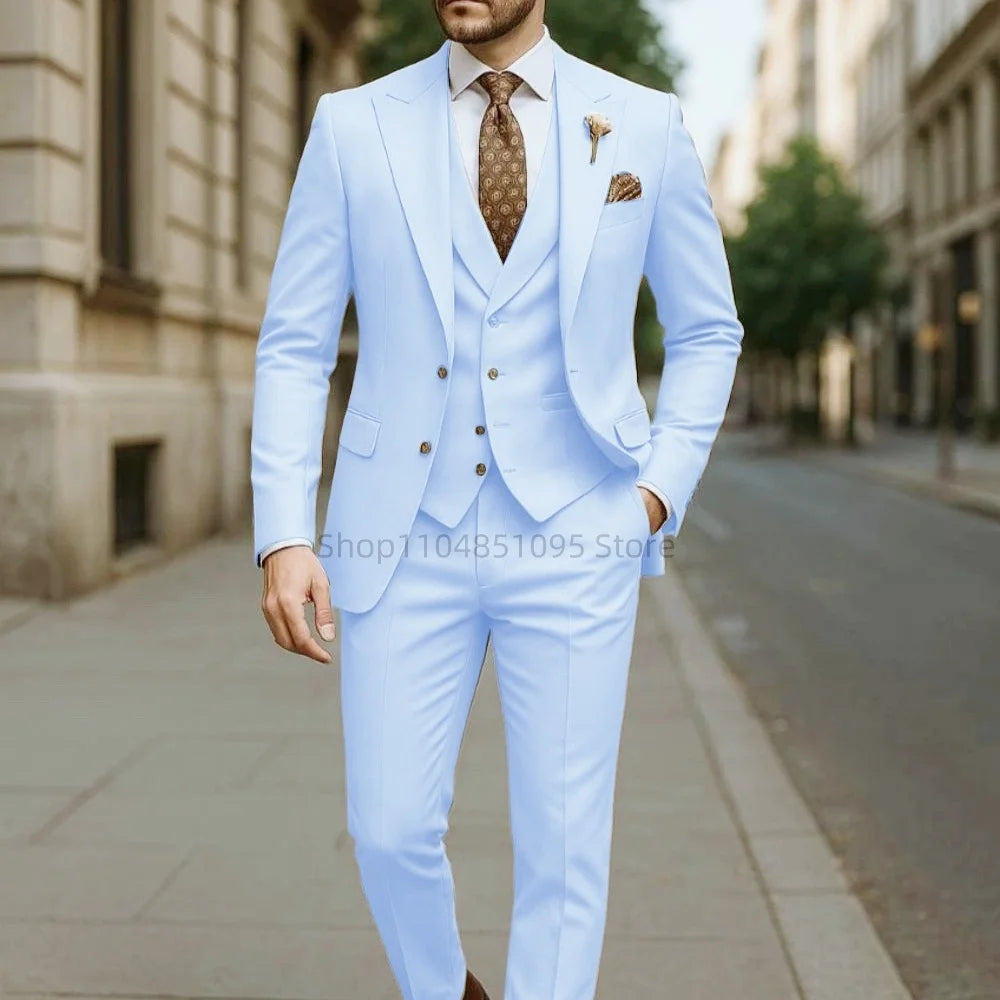 High Quality 3 Piece Yellow Men Suits Peak Lapel Slim Fit Men Clothing Elegant Wedding Jacket Vest Pants Sets for Business Party