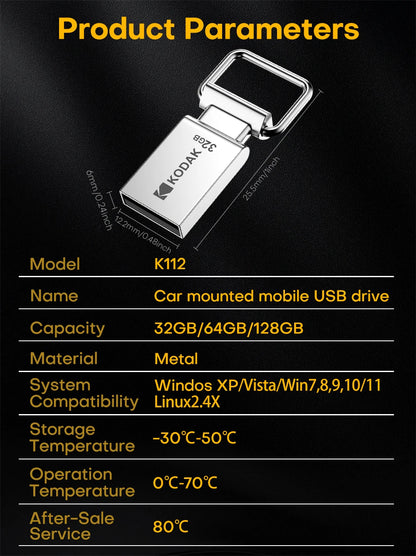 Kodak Pendrive USB 2.0 Car Flash Drive 32GB 64GB 128GB Metal U Disk On Keychain Mini Memory Stick for Smartphone Laptop