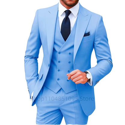 Slim Fit 3-Piece Men's Suit Set for Office Formal Business Wedding Groom Tuxedos Jacket Vest Pants Casual Male Men Clothing